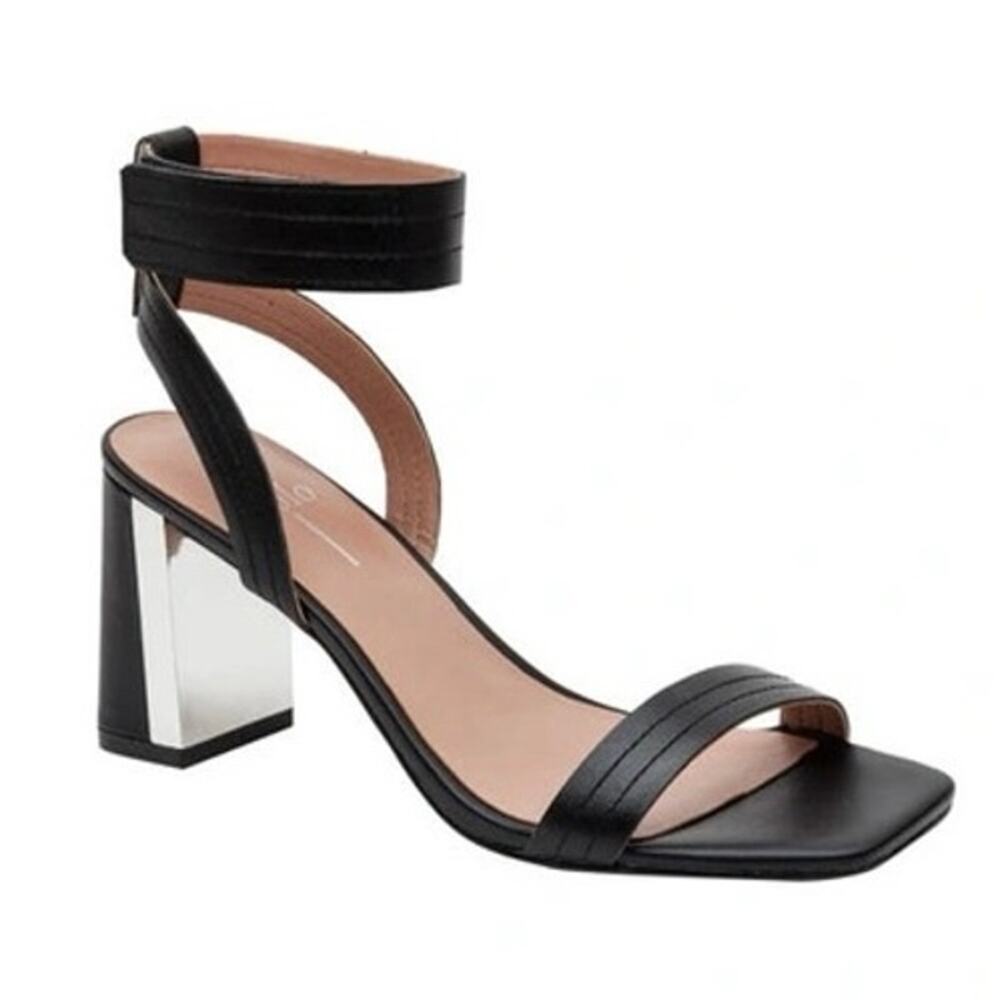 NIB LINEA PAOLO Eden Heeled Ankle Strap Sandal Black Leather Velcro Closure 5